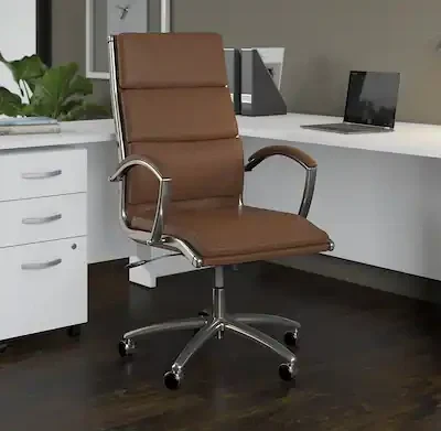 Adjustable black and white office chair for home and office use.