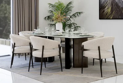 Minimalist dining set with chairs and table.
