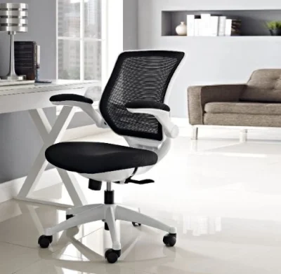 Black ergonomic mesh office chair for workspace comfort.