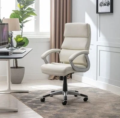 White leather office chair with adjustable armrests.