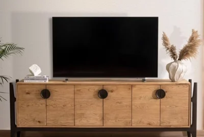Rustic wooden TV stand, perfect for a cozy living room setup.